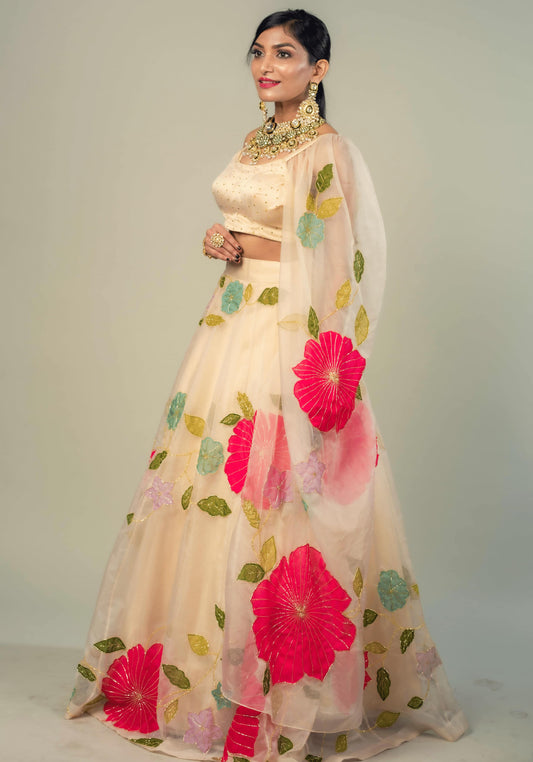 Lehenga Choli Set With Attached Dupatta Depicts Floral Applique Motifs