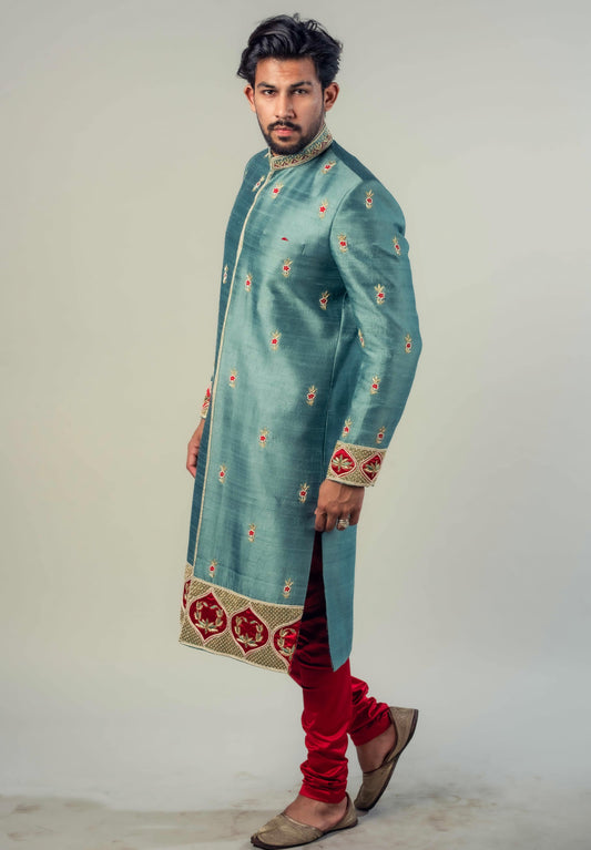 Teal Blue And Cherry Red Sherwani with zardozi And Moti work