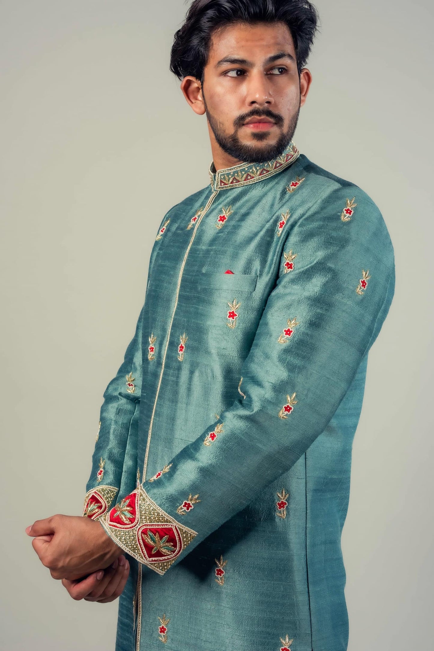 Teal Blue And Cherry Red Sherwani with zardozi And Moti work
