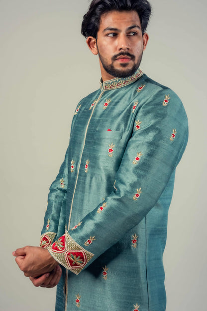 Teal Blue And Cherry Red Sherwani with zardozi And Moti work