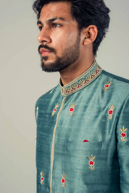 Teal Blue And Cherry Red Sherwani with zardozi And Moti work