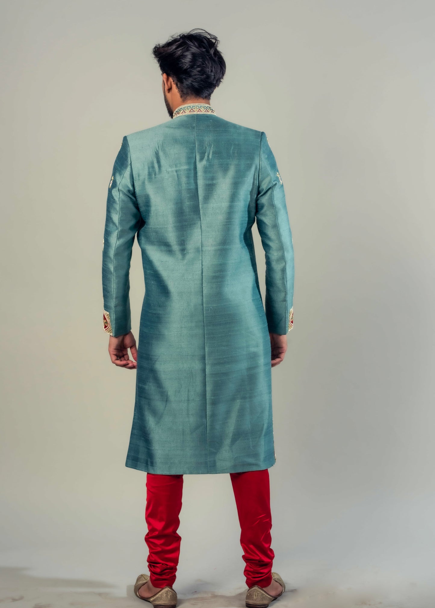 Teal Blue And Cherry Red Sherwani with zardozi And Moti work