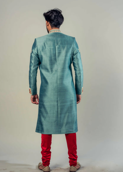 Teal Blue And Cherry Red Sherwani with zardozi And Moti work