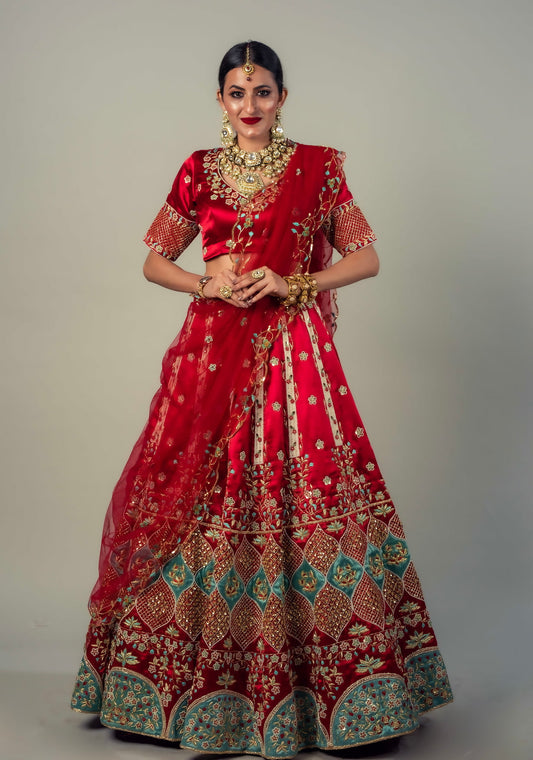 Ghaghara Adorned With Zardozi, Sequins, Resham, Moti And Cut pipe Work