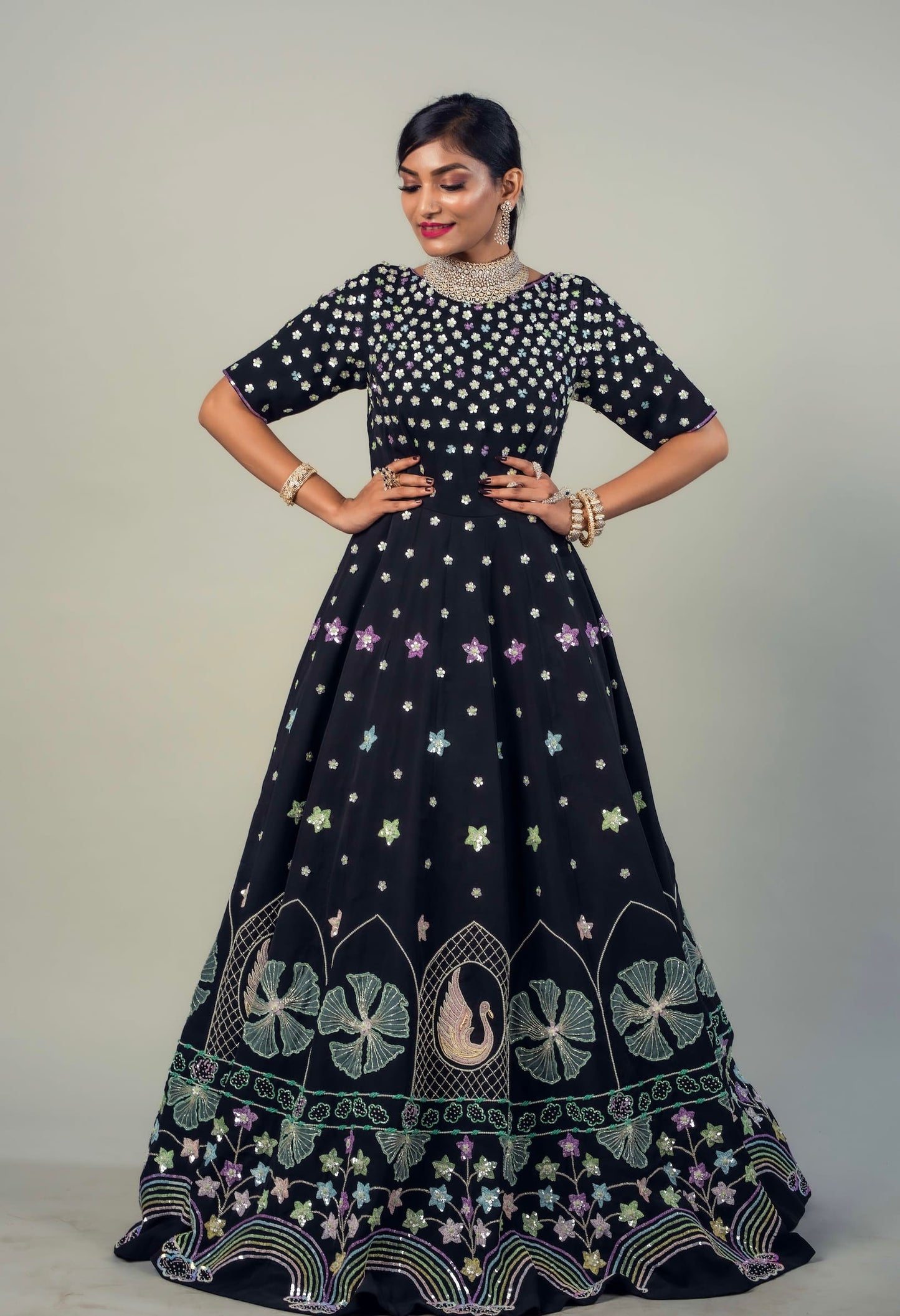 Classic Gown Embroidered With Pastel Colours