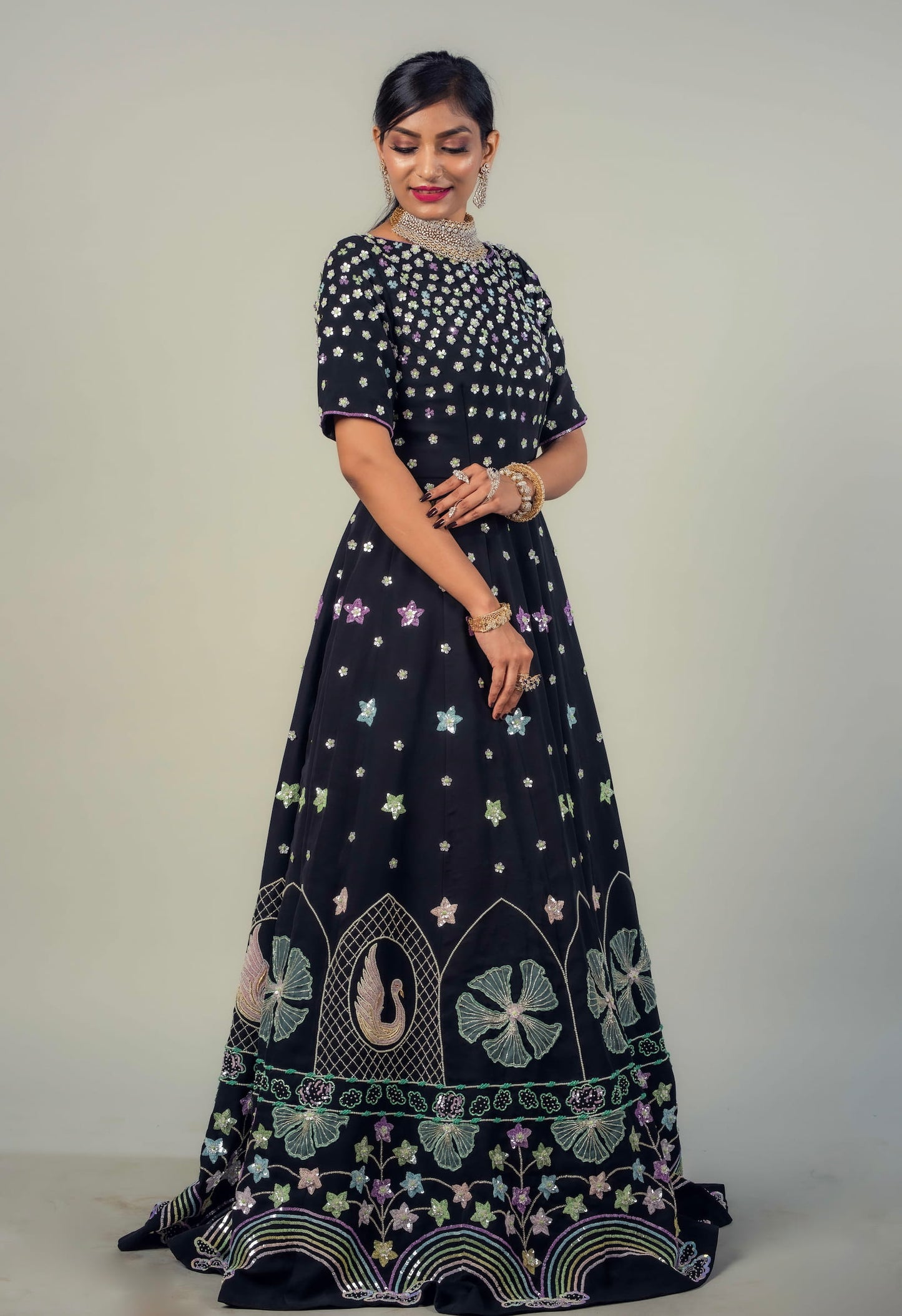 Classic Gown Embroidered With Pastel Colours