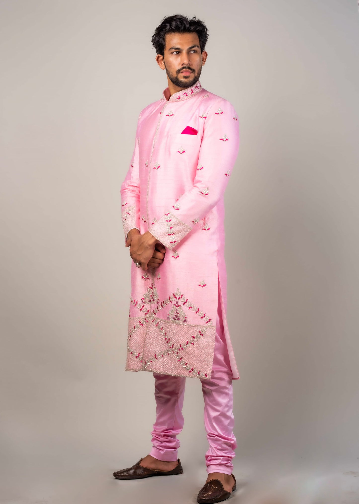 Sherwani Embellished with Silver Cut pipes And Fushia Resham