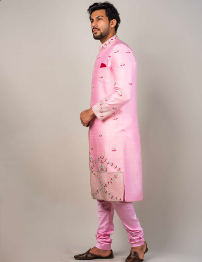 Sherwani Embellished with Silver Cut pipes And Fushia Resham