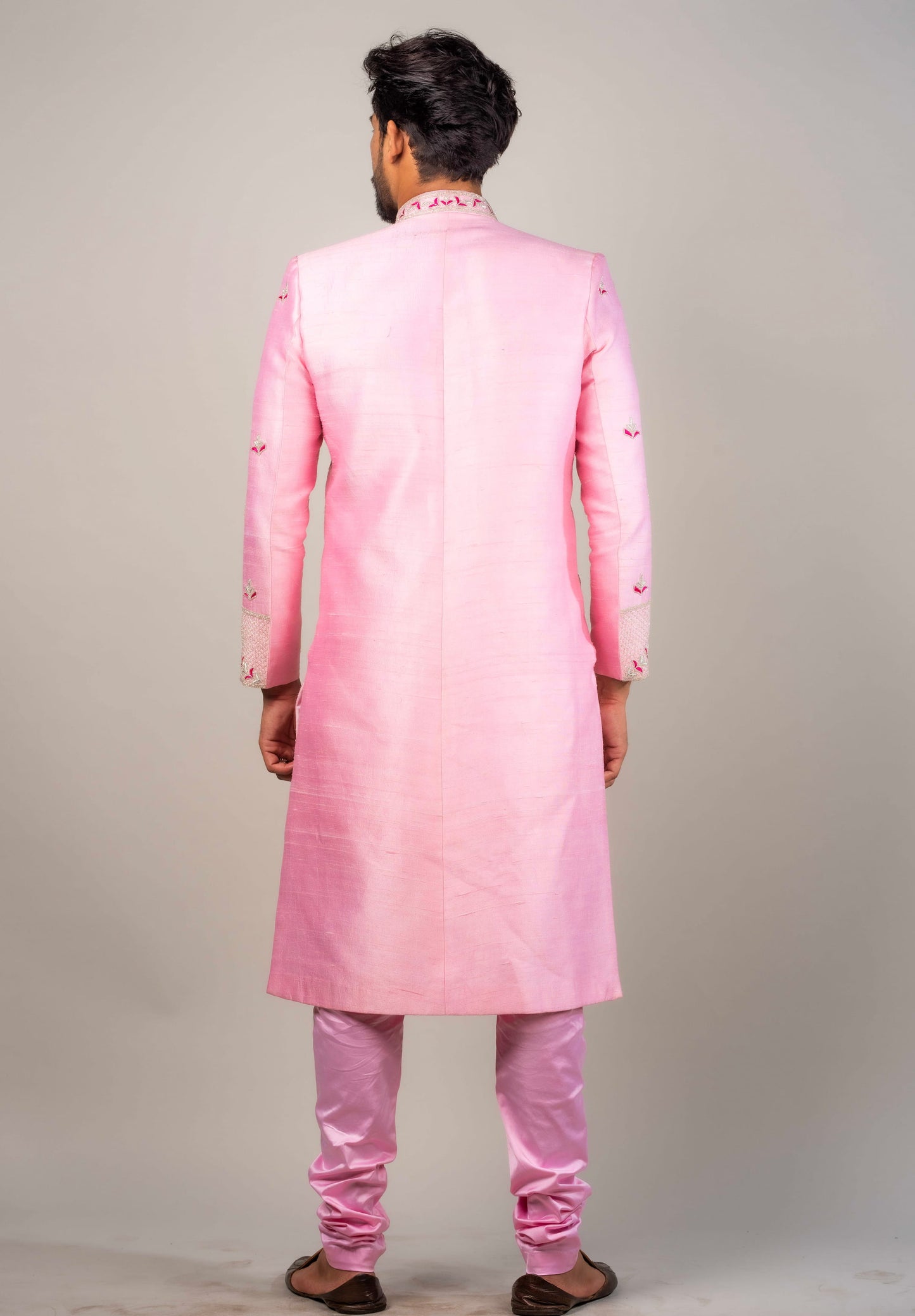 Sherwani Embellished with Silver Cut pipes And Fushia Resham