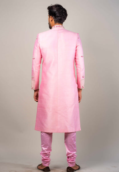 Sherwani Embellished with Silver Cut pipes And Fushia Resham