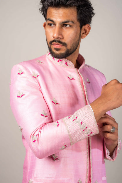 Sherwani Embellished with Silver Cut pipes And Fushia Resham