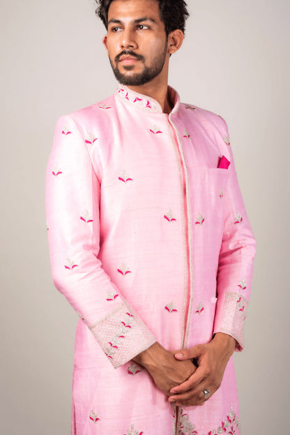 Sherwani Embellished with Silver Cut pipes And Fushia Resham