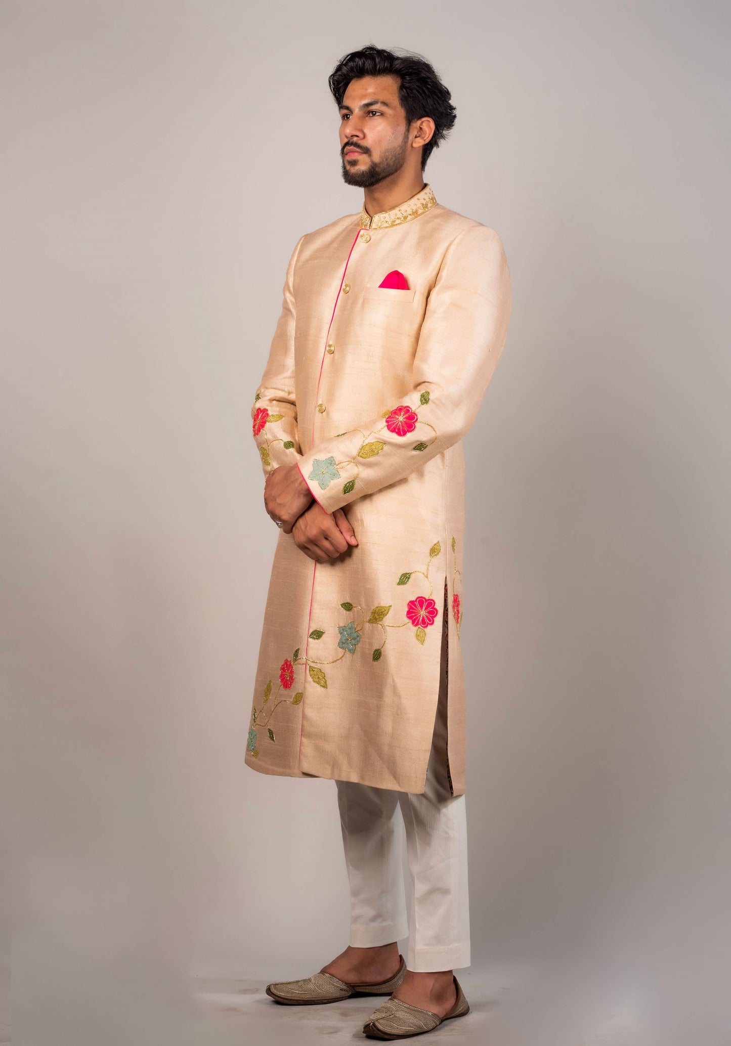 Sherwani Embroidered In Flioral Applique Motifs