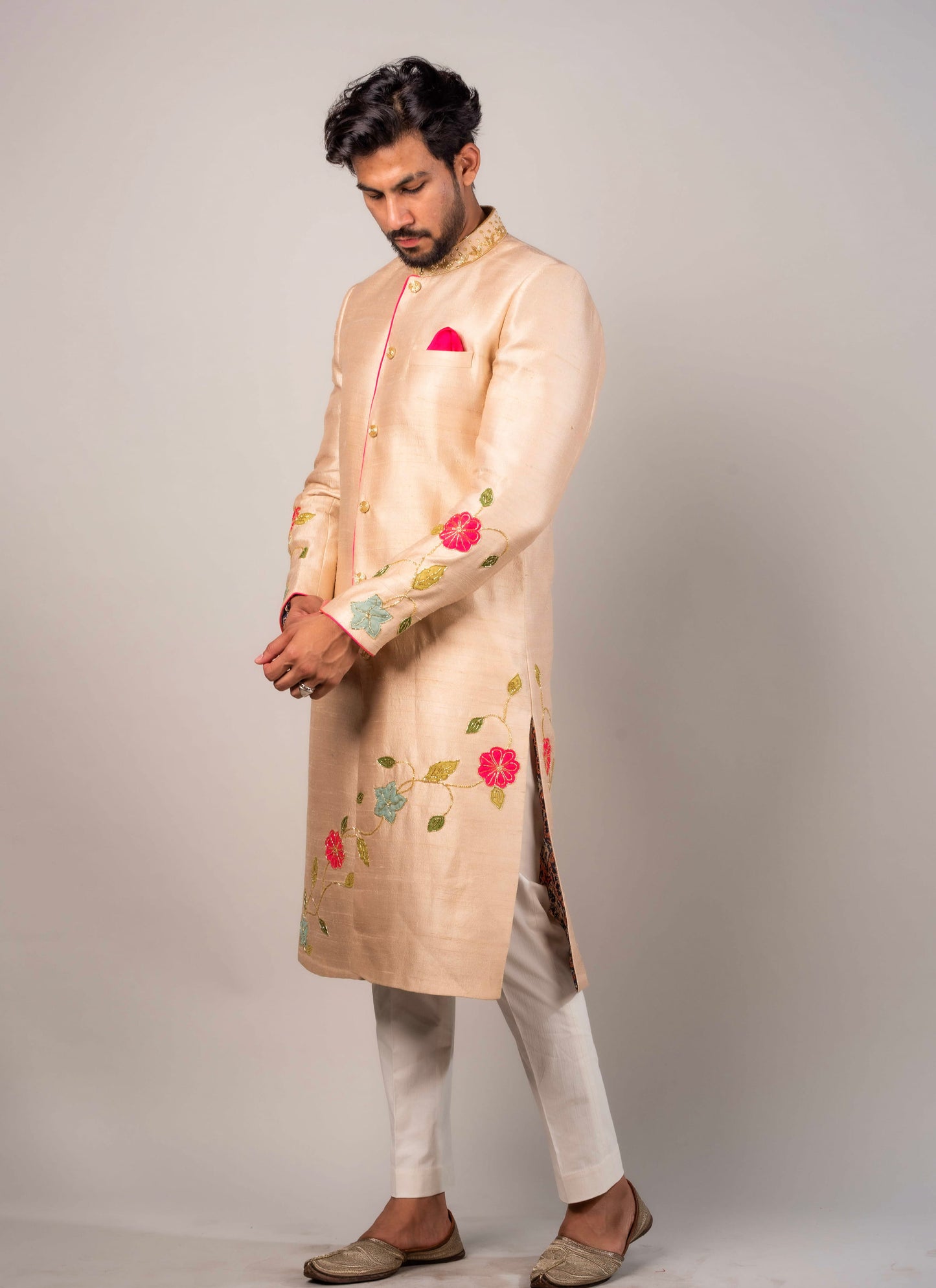 Sherwani Embroidered In Flioral Applique Motifs