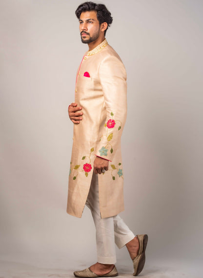 Sherwani Embroidered In Flioral Applique Motifs