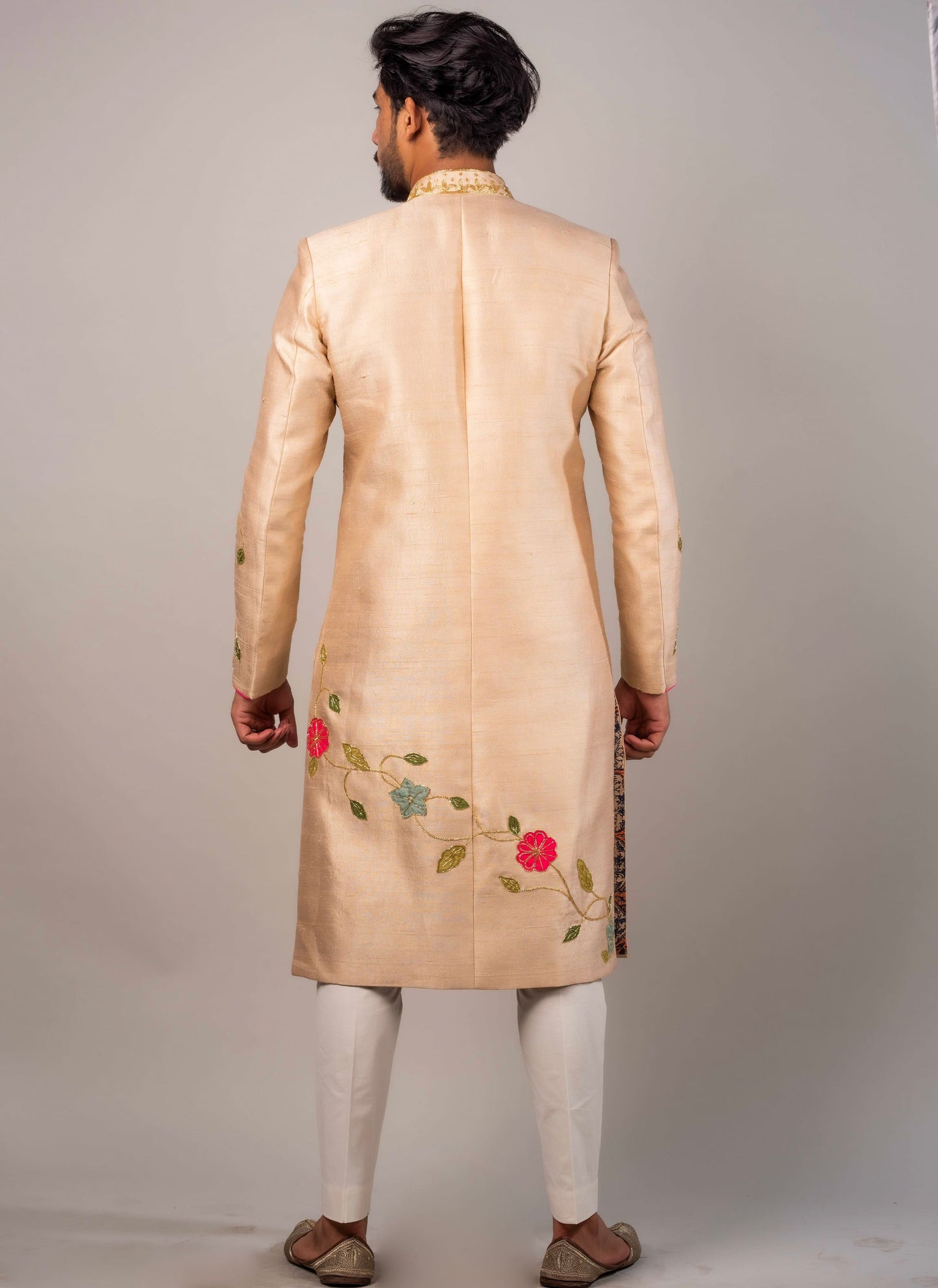 Sherwani Embroidered In Flioral Applique Motifs