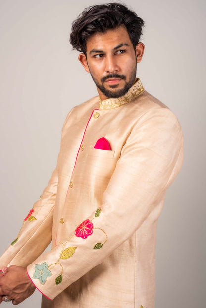 Sherwani Embroidered In Flioral Applique Motifs
