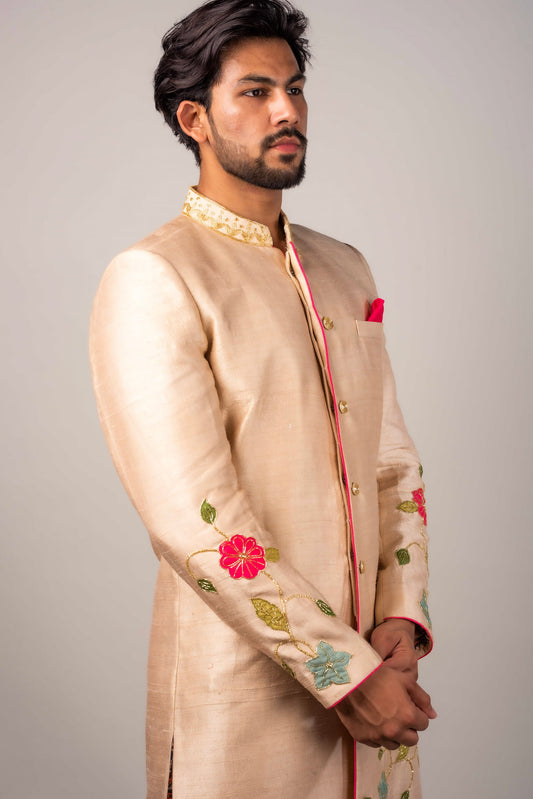 Sherwani Embroidered In Flioral Applique Motifs