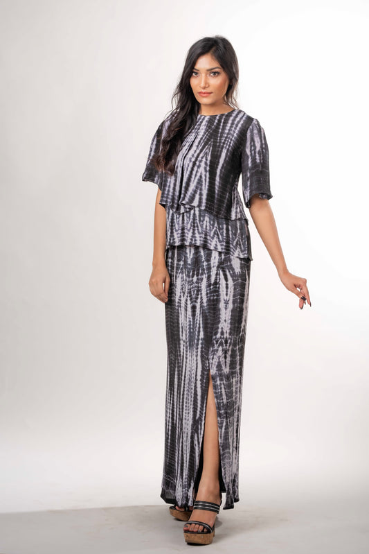 Shibori Box Pleat Top Paired With Tie Dyed Skirt
