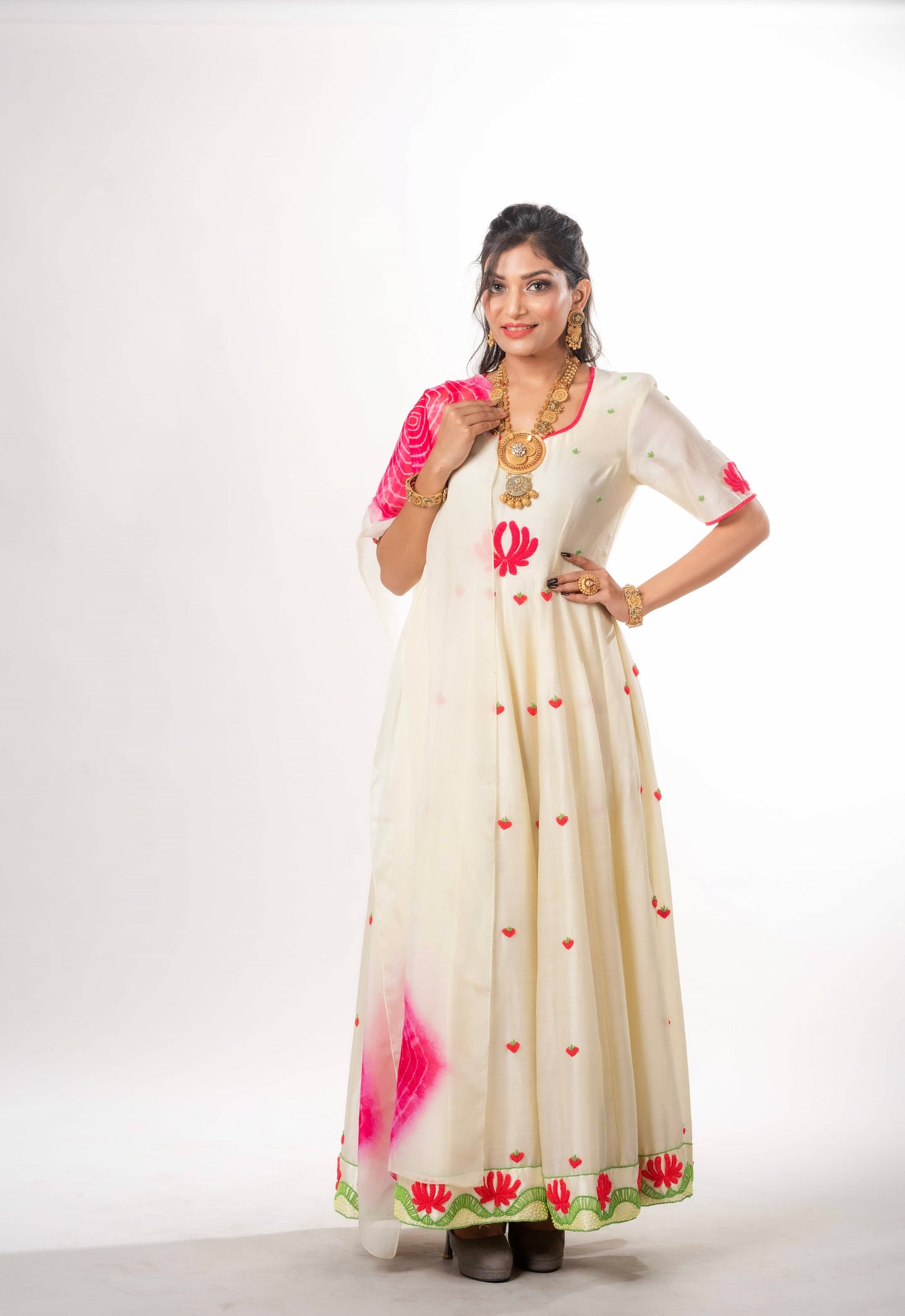 Lemon Anarkali Set With Shibori Dupatta