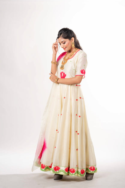 Lemon Anarkali Set With Shibori Dupatta