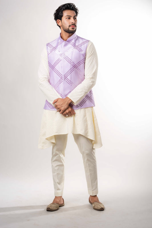 Luckhnowi Kurta With Mauve Bandi