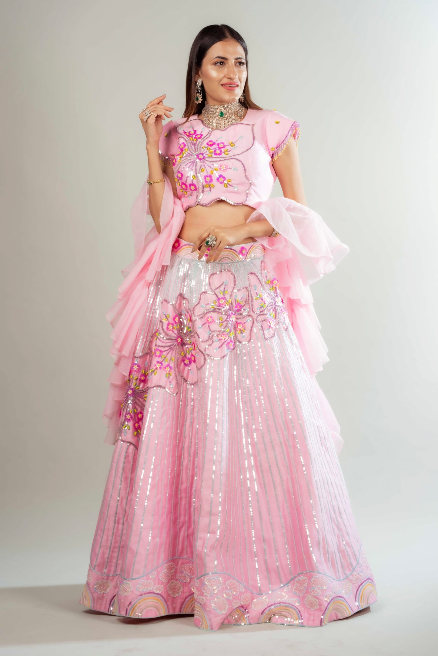 Lehenga Set With Floral & Rainbow Motifs