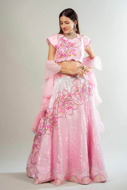 Lehenga Set With Floral & Rainbow Motifs