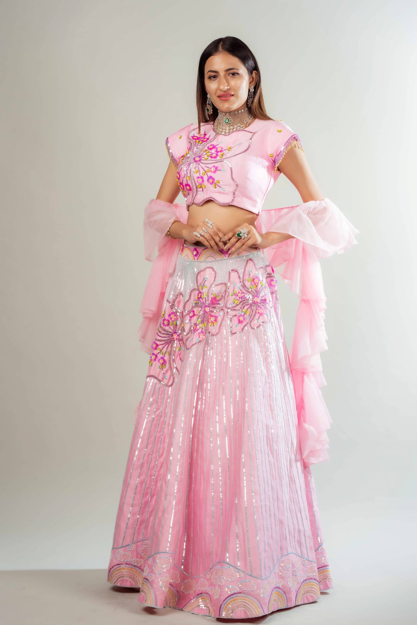 Lehenga Set With Floral & Rainbow Motifs