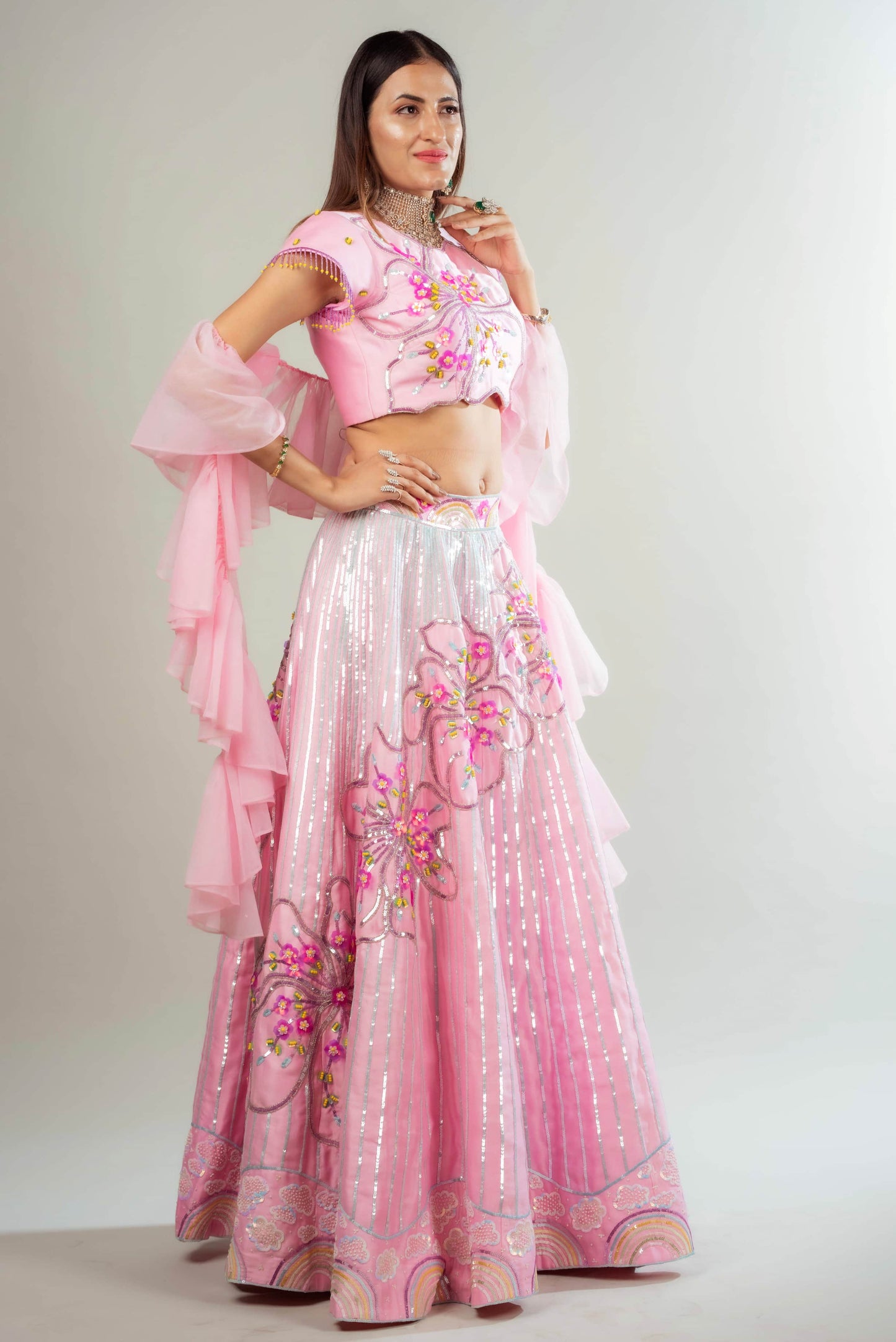 Lehenga Set With Floral & Rainbow Motifs