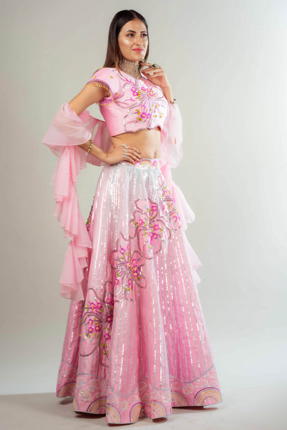 Lehenga Set With Floral & Rainbow Motifs