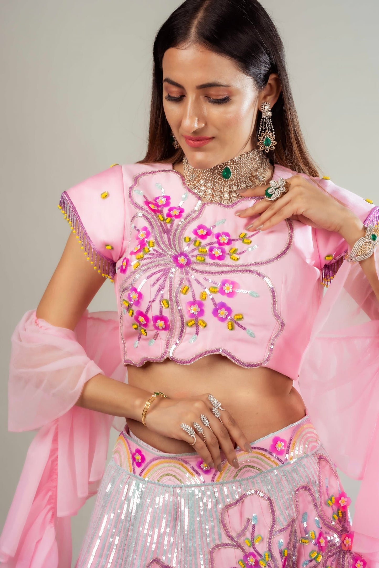 Lehenga Set With Floral & Rainbow Motifs