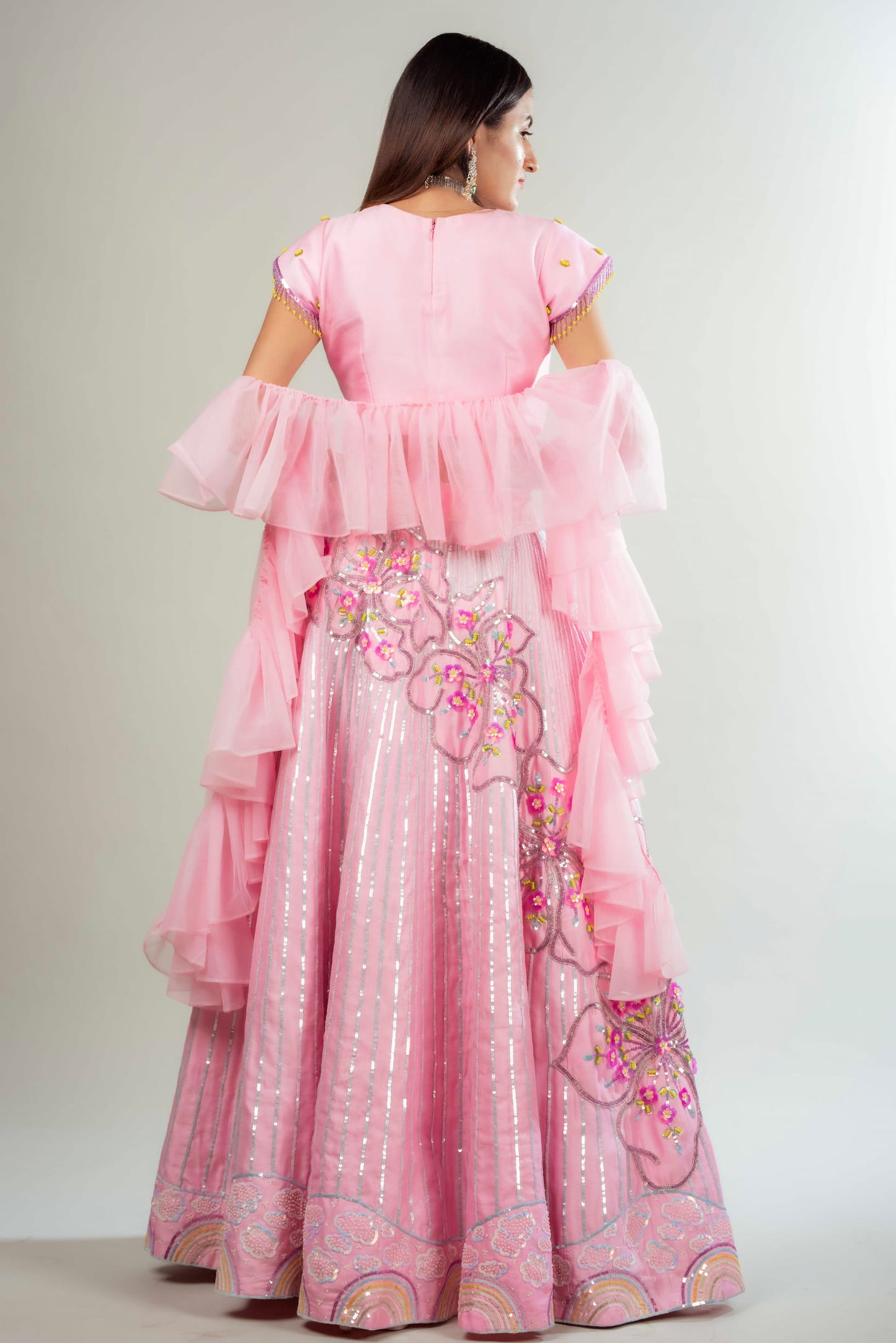 Lehenga Set With Floral & Rainbow Motifs