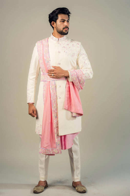 Sherwani With Jaal Work Embellished Kamabandh And Shawl