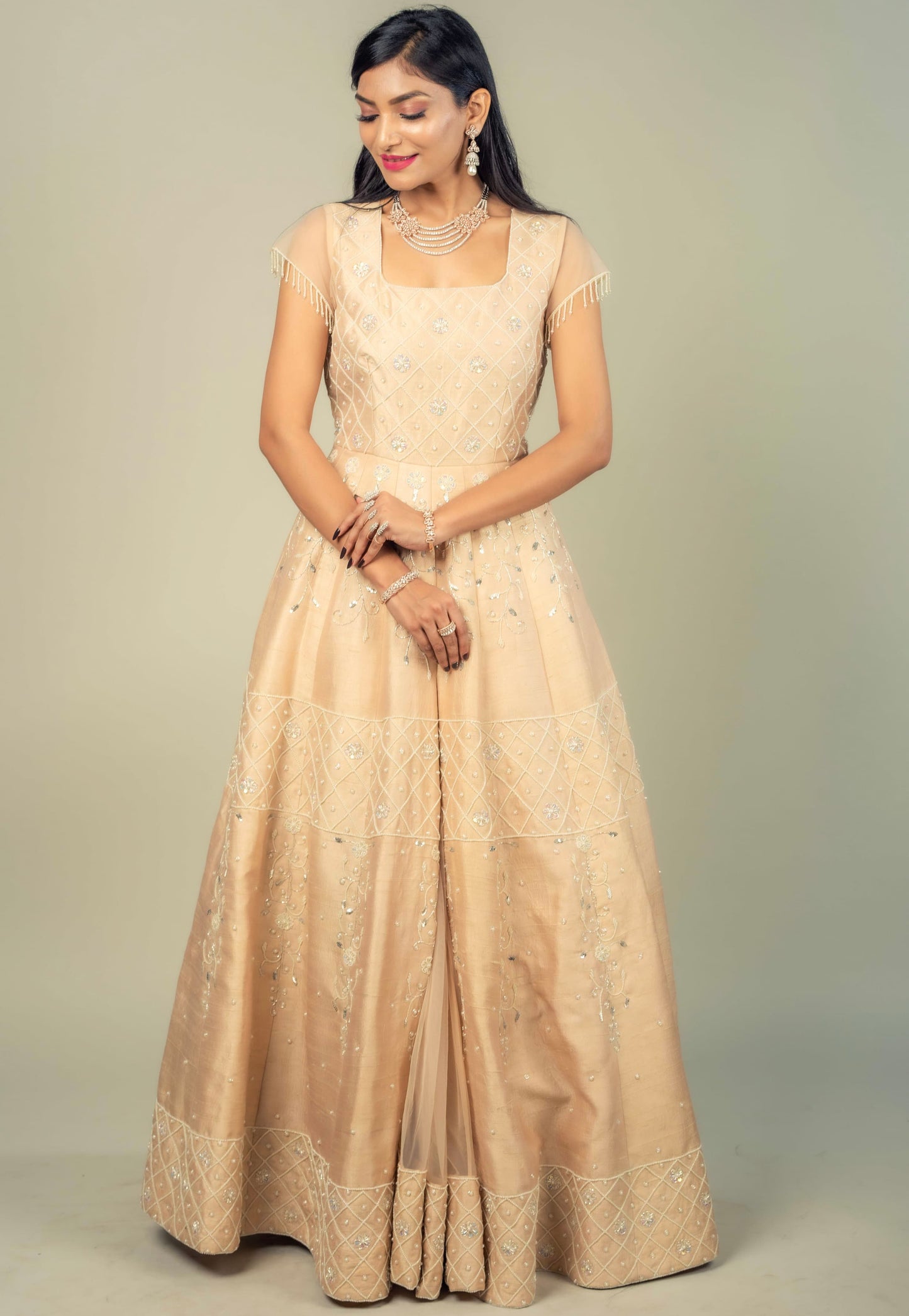 Raw Silk Gown With Pearl And Zardosi