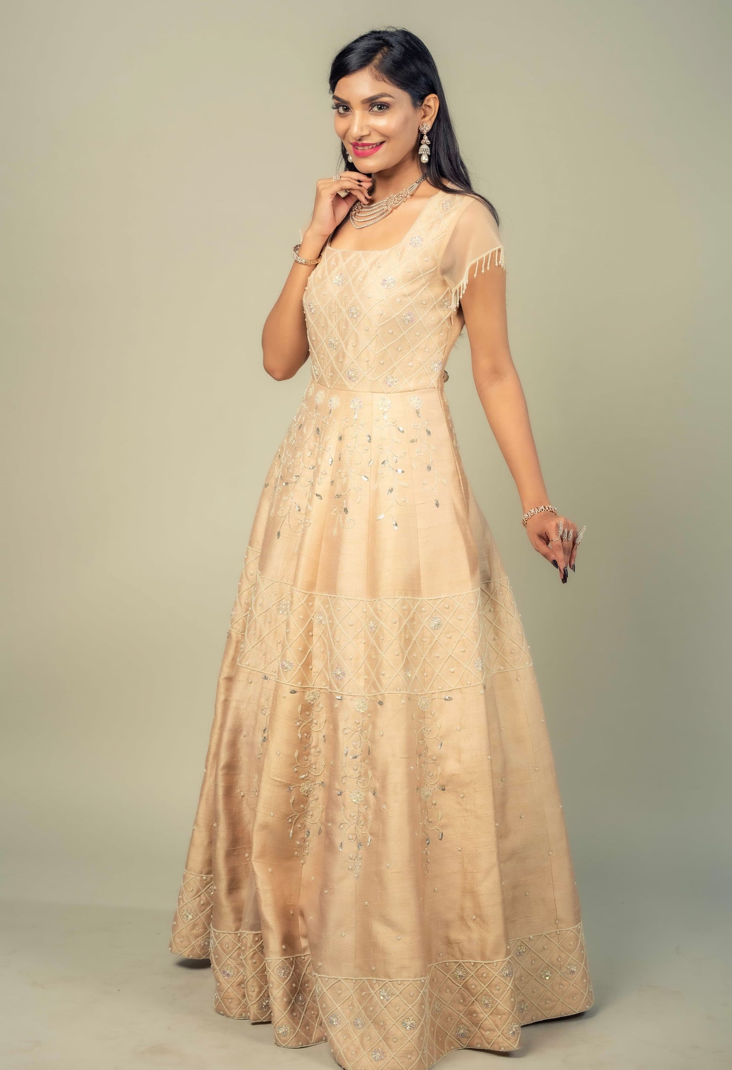 Raw Silk Gown With Pearl And Zardosi