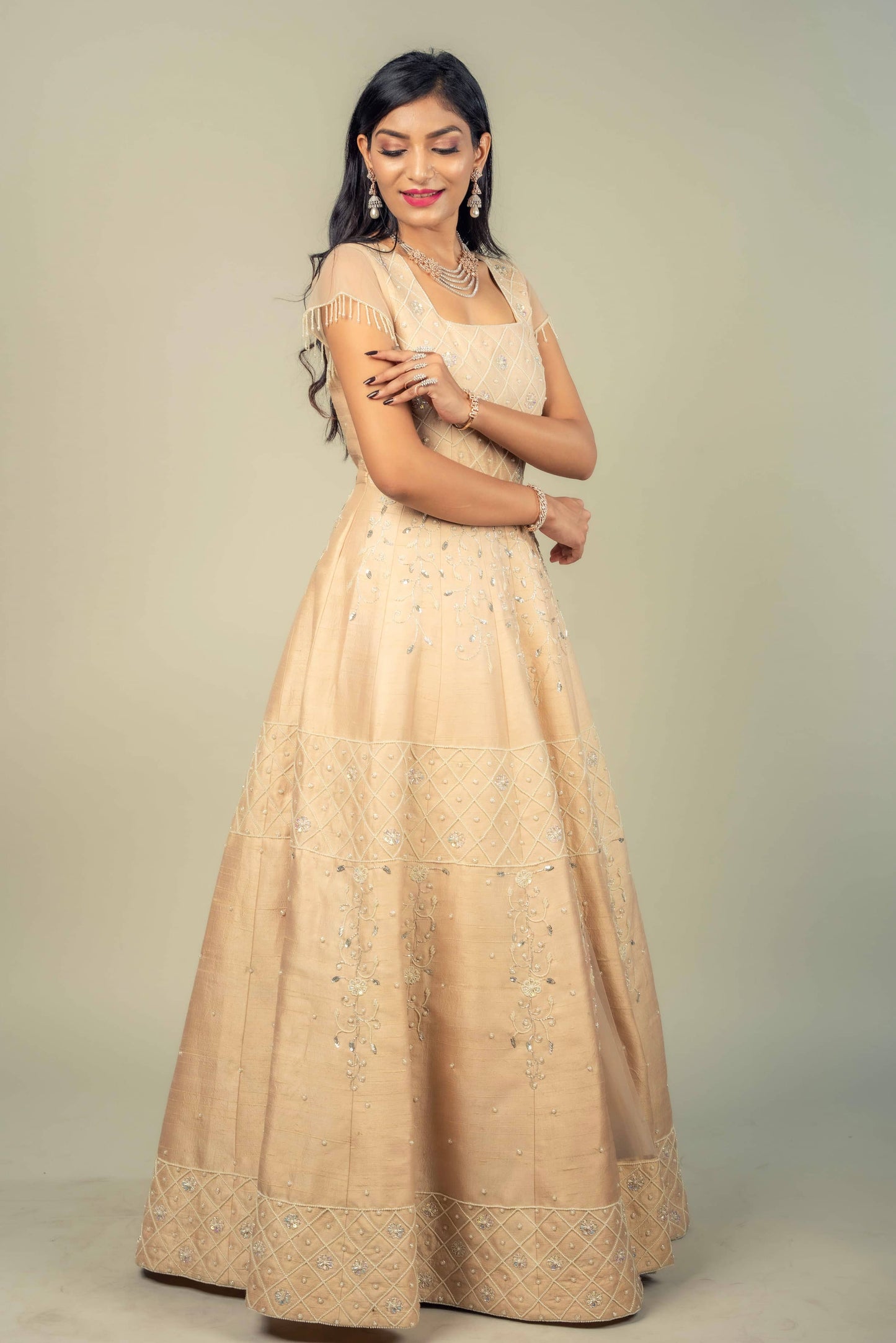 Raw Silk Gown With Pearl And Zardosi