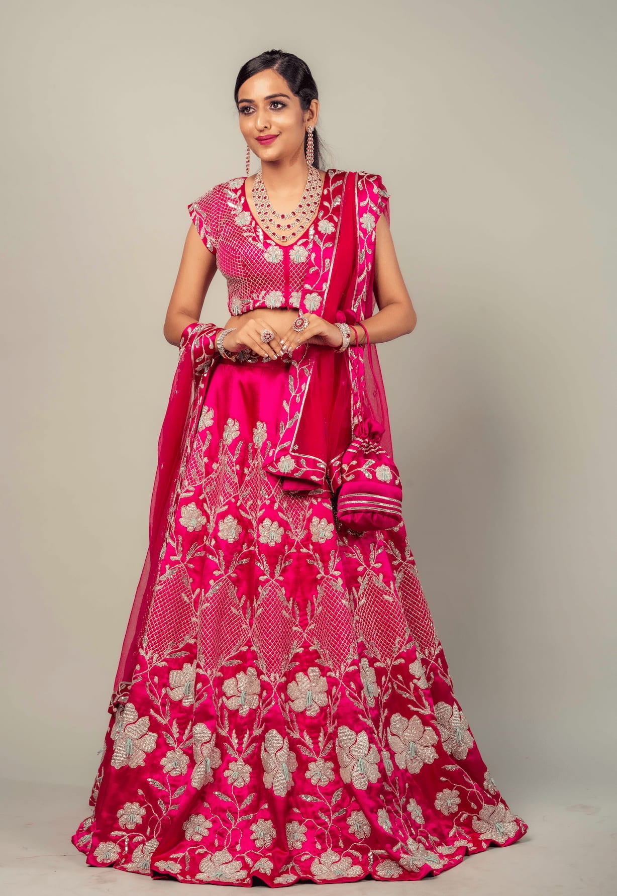 Lehenga Set With Jaal Work In Mushroo Silk