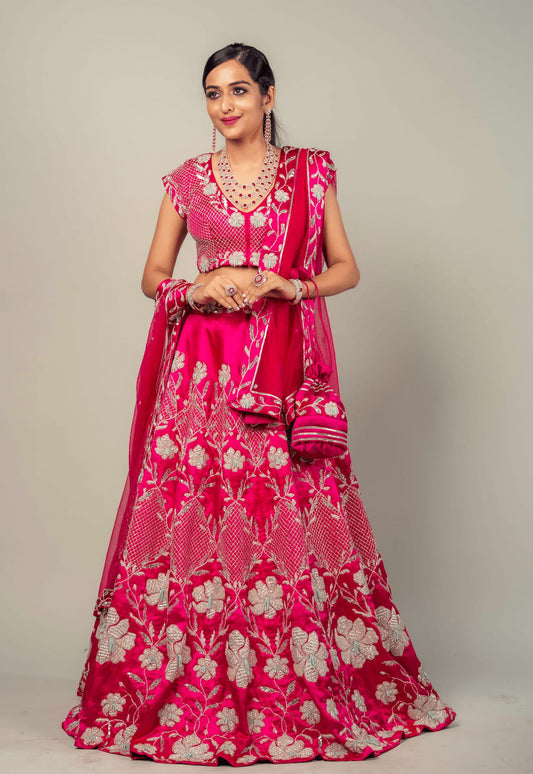 Lehenga Set With Jaal Work In Mushroo Silk