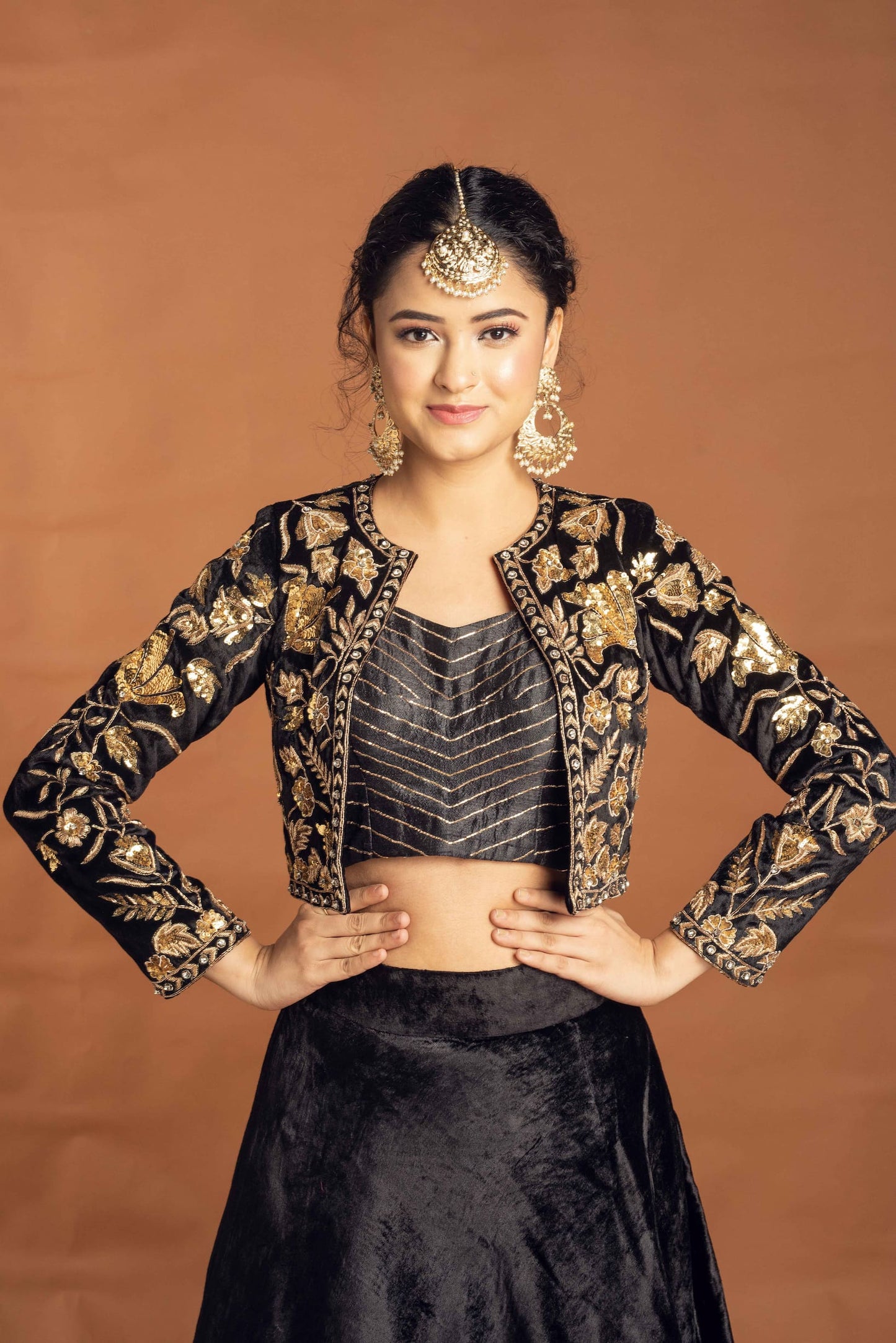 Velvet Lehenga with Gold Embellishment and Bustier