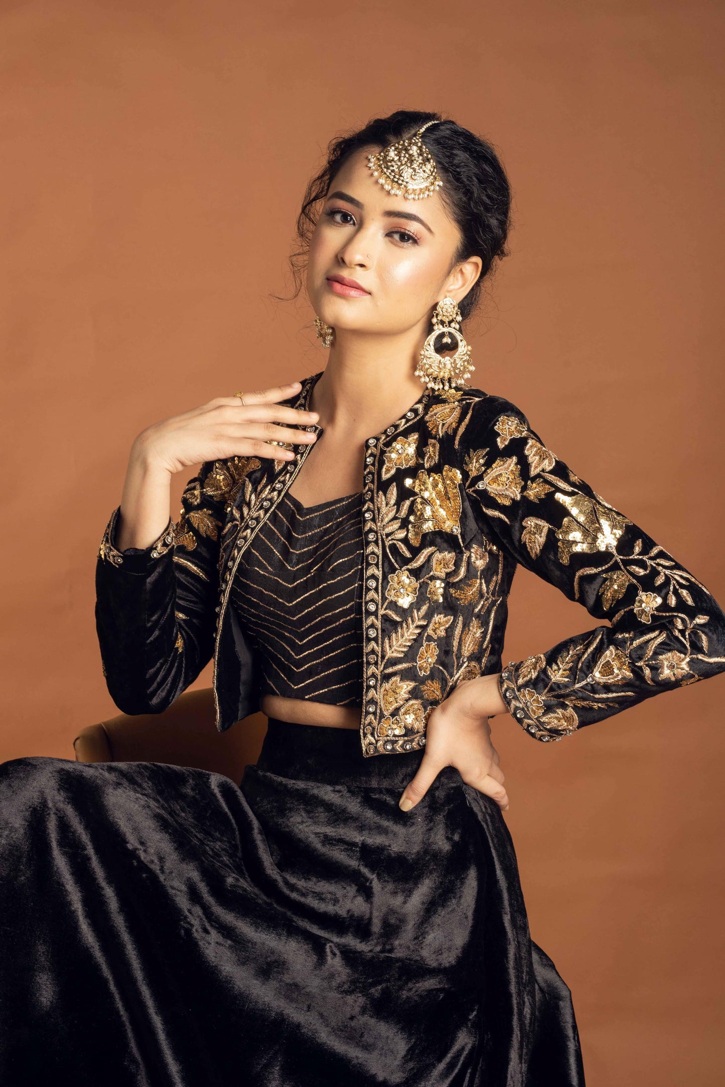 Velvet Lehenga with Gold Embellishment and Bustier