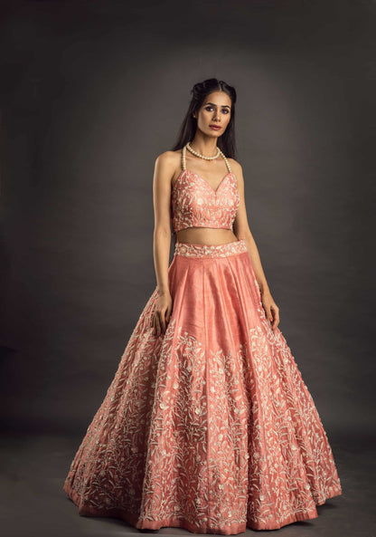 Peach Raw Silk Lehenga with Blouse