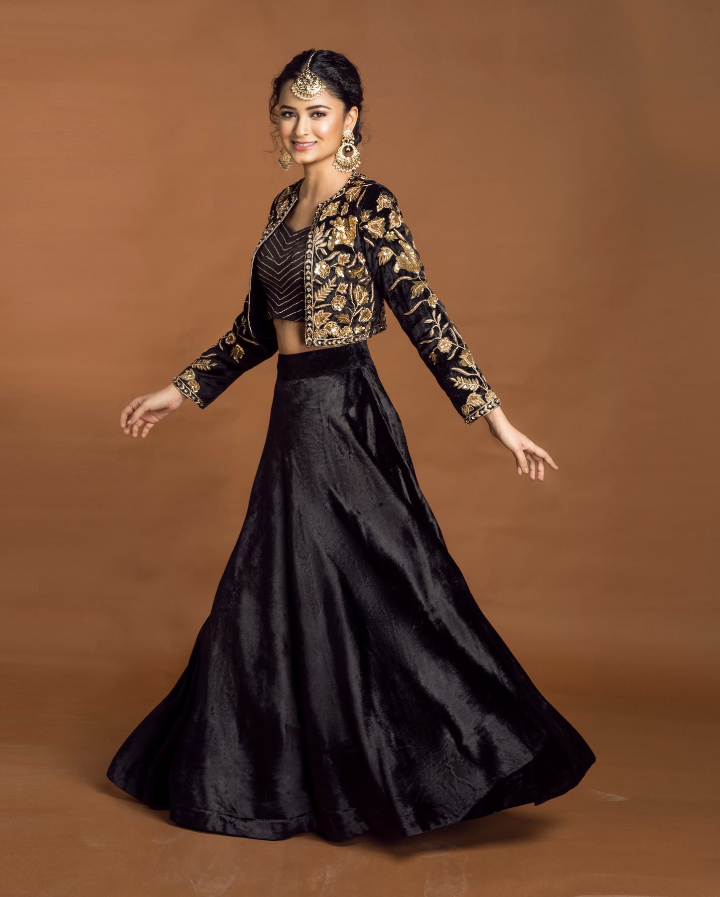 Velvet Lehenga with Gold Embellishment and Bustier