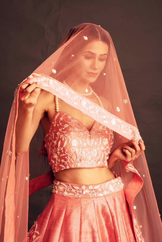 Peach Raw Silk Lehenga with Blouse