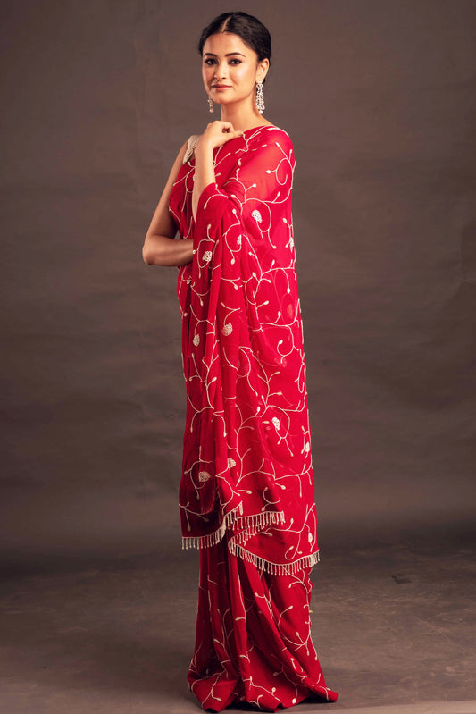Scarlet Red Saree with Beaded Tassels