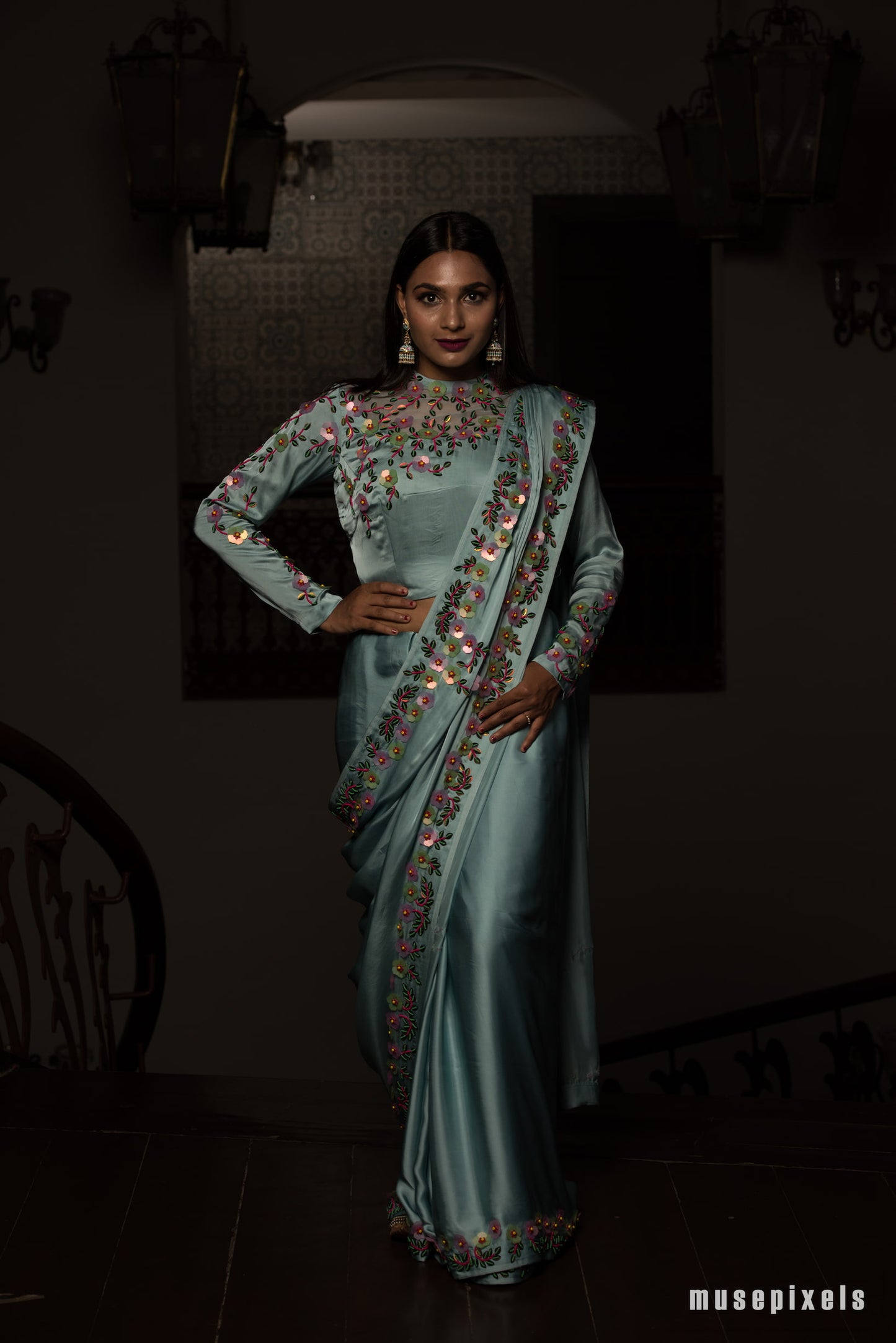 Sky Blue Satin Silk Saree